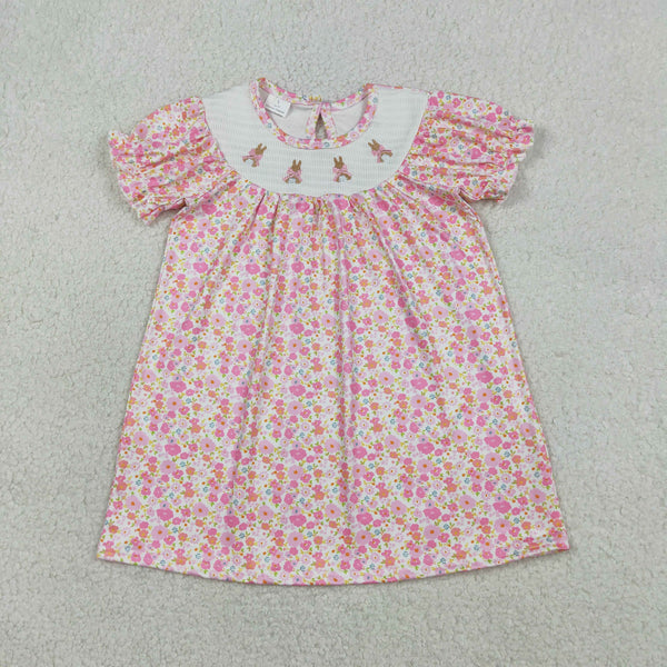 GSD3406 RTS toddler girl clothes rabbit pink floral girl easter summer dress smock