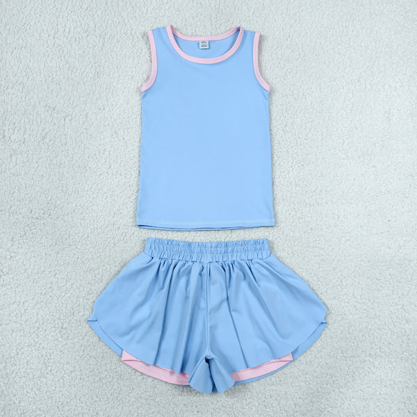 RTS GSSO3527 baby girl clothes blue  toddler girl yoga summer outfit sports clothing set