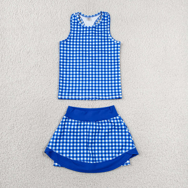 GSD3652 RTS baby girl clothes blue gingham toddler girl yoga skirt outfit summer shorts set