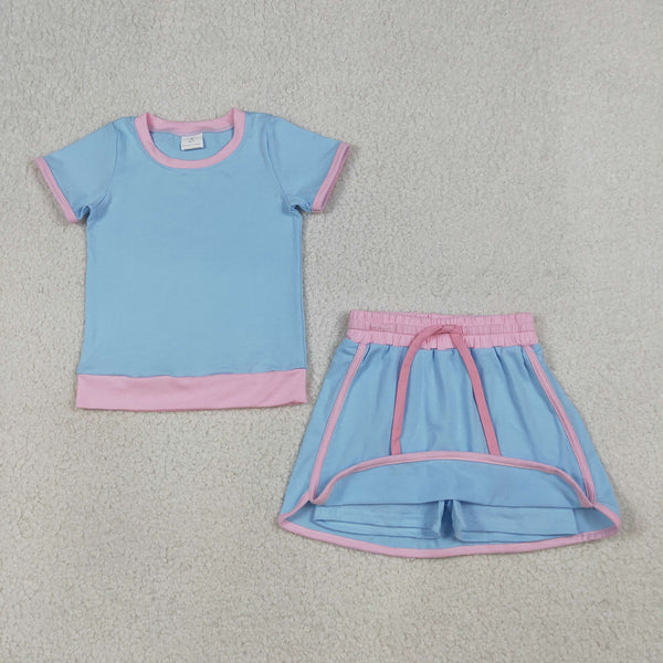 GSD3671 RTS kids girl clothes blue cotton girl summer shorts set