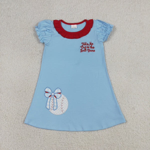 GSD3685 RTS kids girl clothes baseball print girl summer dress embroidery