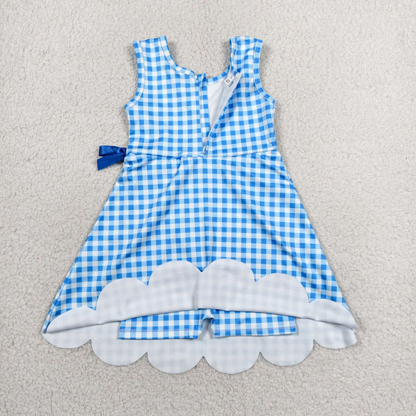 GSD3778 RTS toddler clothes blue  gingham girl yoga summer dress sports clothing