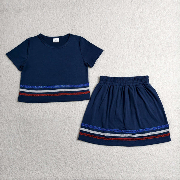 GSD3811 RTS toddler clothes navy blue girl summer dress sports clothing set