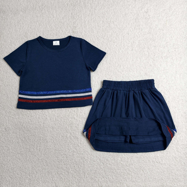 GSD3811 RTS toddler clothes navy blue girl summer dress sports clothing set