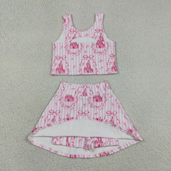 GSD3814 RTS toddler clothes castle print girl yoga summer set