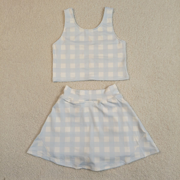 GSD3839 RTS  toddler clothes blue gingham print girl summer yoga set sports dress