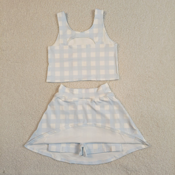 GSD3839 RTS  toddler clothes blue gingham print girl summer yoga set sports dress