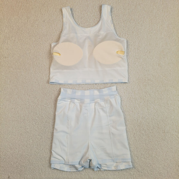 GSD3839 RTS  toddler clothes blue gingham print girl summer yoga set sports dress