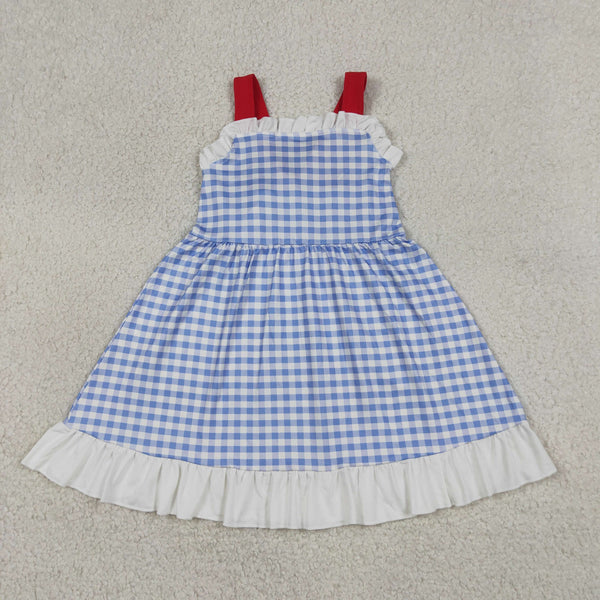 GSD3843 RTS kids girl clothes blue gingham print girl summer dress