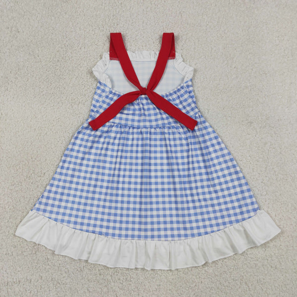 GSD3843 RTS kids girl clothes blue gingham print girl summer dress