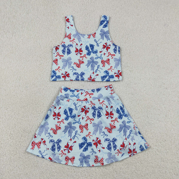 GSD3874 RTS toddler clothes bows print girl 4th of July yoga summer set