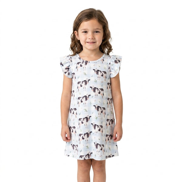 RTS GSD3895 baby girl clothes cow toddler girl flutter sleeve dress farm clothes