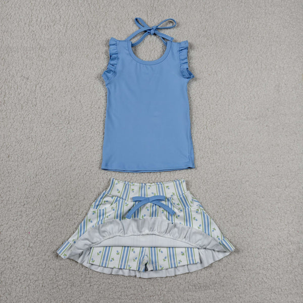 RTS GSD3906 toddler clothes blue floral girl summer yoga set sports clothing set
