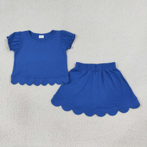 GSD3937 RTS kids clothes royal blue cotton girl summer outfit  clothing set scalloped shorts set