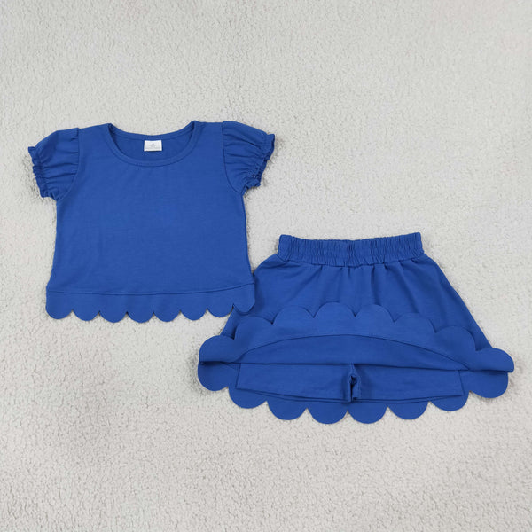 GSD3937 RTS kids clothes royal blue cotton girl summer outfit  clothing set scalloped shorts set