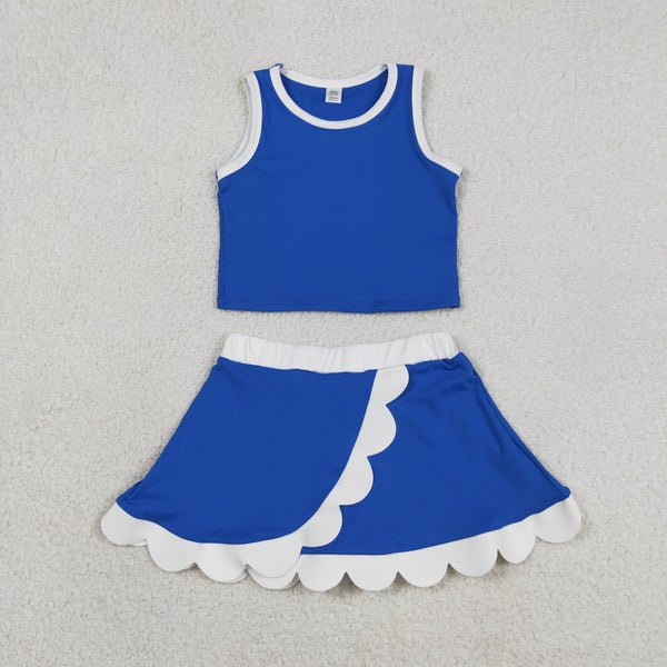 GSD4023 RTS toddler clothes blue  girl summer yoga set sports atheletic dress scalloped set