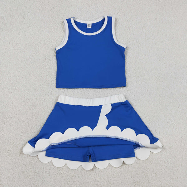 GSD4023 RTS toddler clothes blue  girl summer yoga set sports atheletic dress scalloped set