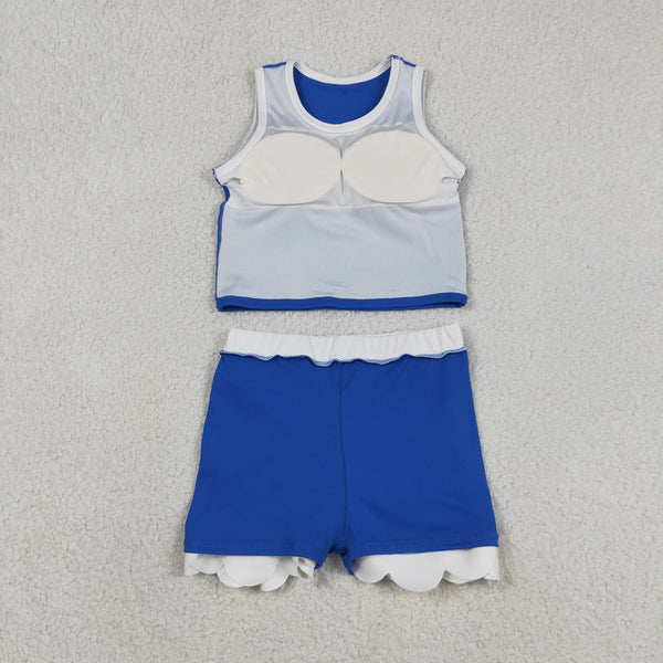 GSD4023 RTS toddler clothes blue  girl summer yoga set sports atheletic dress scalloped set