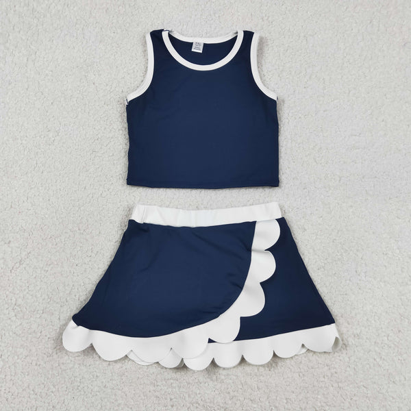 RTS GSD4024  toddler clothes navy sports dress girl summer yoga set scalloped skirts outfit