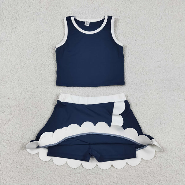 RTS GSD4024  toddler clothes navy sports dress girl summer yoga set scalloped skirts outfit