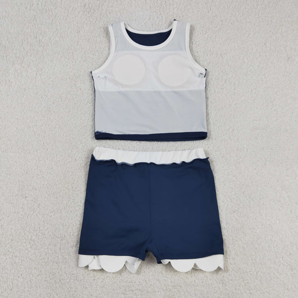RTS GSD4024  toddler clothes navy sports dress girl summer yoga set scalloped skirts outfit
