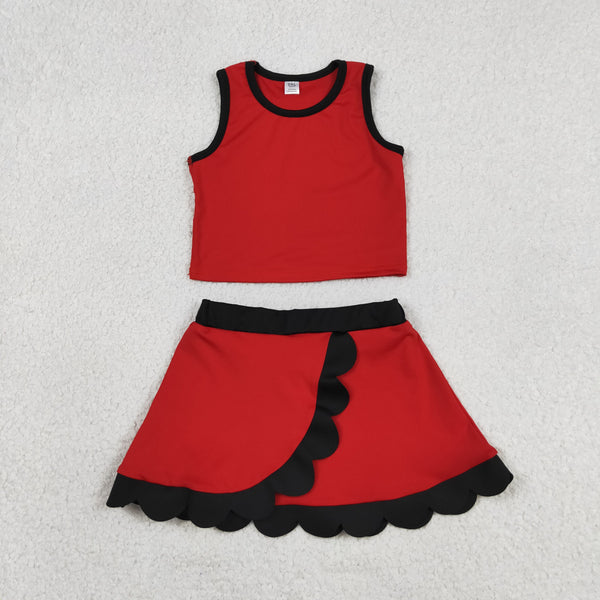 RTS GSD4028  toddler clothes red  girl summer yoga set scalloped skirt set