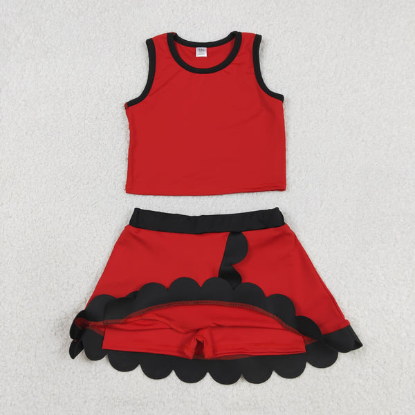 RTS GSD4028  toddler clothes red  girl summer yoga set scalloped skirt set