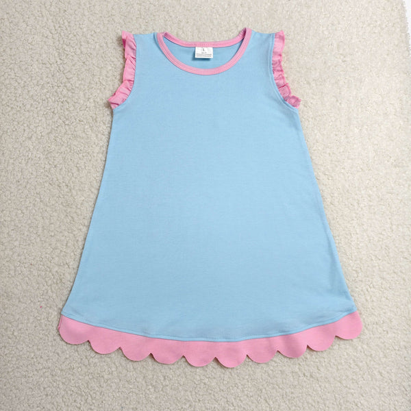 GSD4048 RTS toddler clothes solid blue cotton girl summer dress scalloped derss