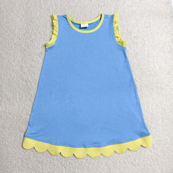 GSD4061 RTS toddler clothes solid blue cotton girl summer dress scalloped clothes
