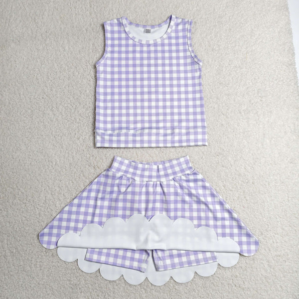 GSD4067 RTS toddler clothes purple gingham  girl summer yoga set sports clothing set