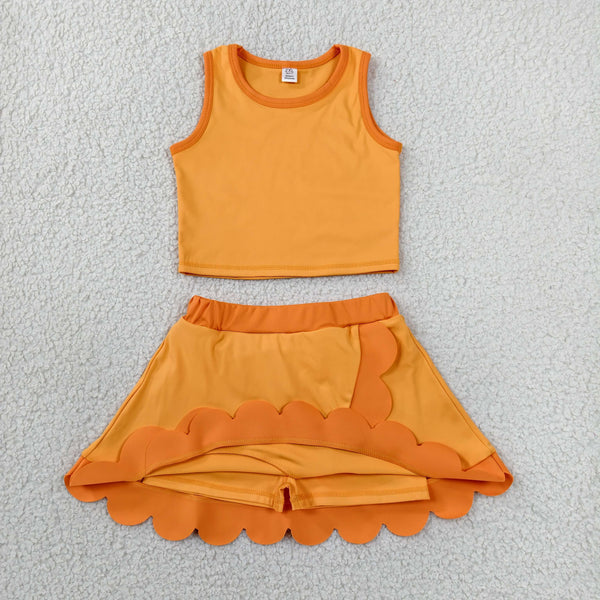 GSD4081 RTS toddler clothes orange print girl summer yoga set sports clothing set