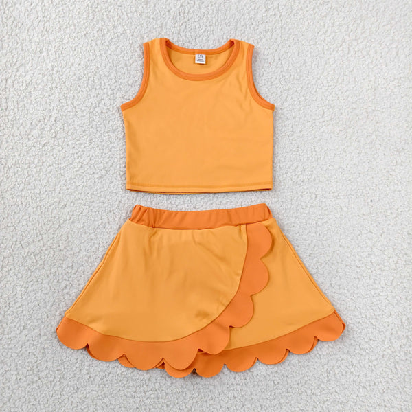 GSD4081 RTS toddler clothes orange print girl summer yoga set sports clothing set