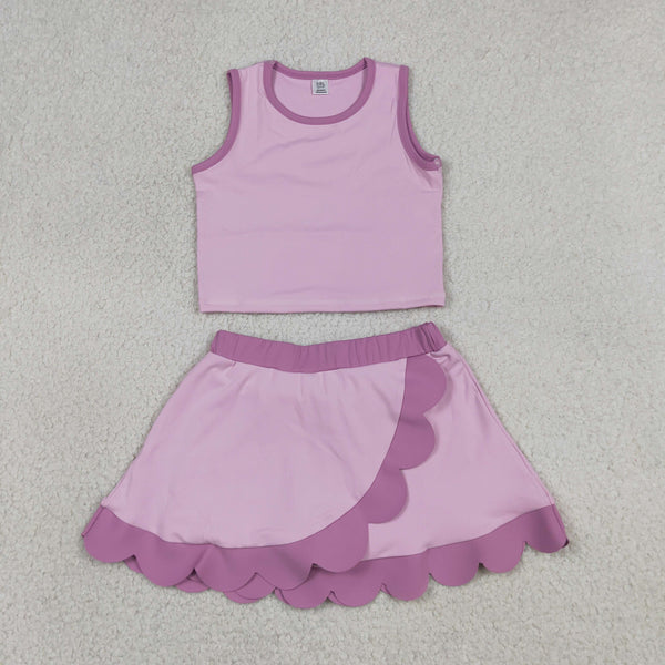 GSD4085 RTS toddler clothes pink scalloped girl summer yoga set atheletic outfit