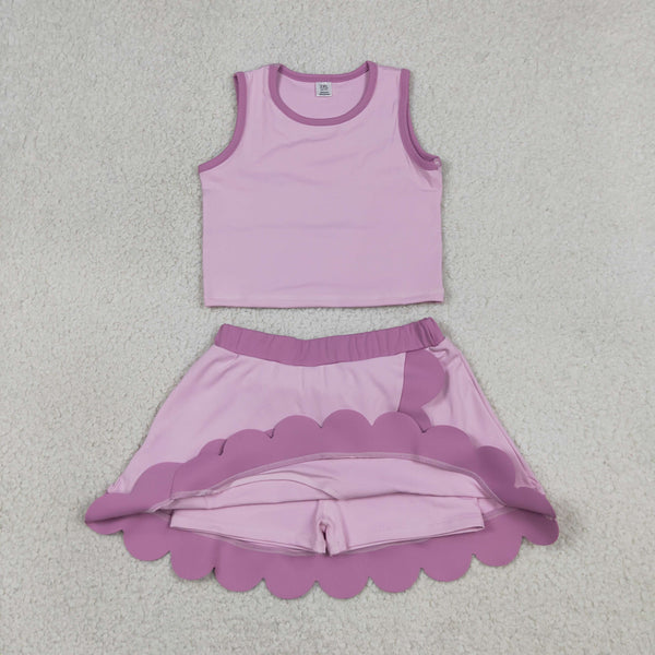 GSD4085 RTS toddler clothes pink scalloped girl summer yoga set atheletic outfit