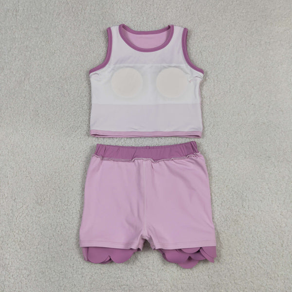 GSD4085 RTS toddler clothes pink scalloped girl summer yoga set atheletic outfit