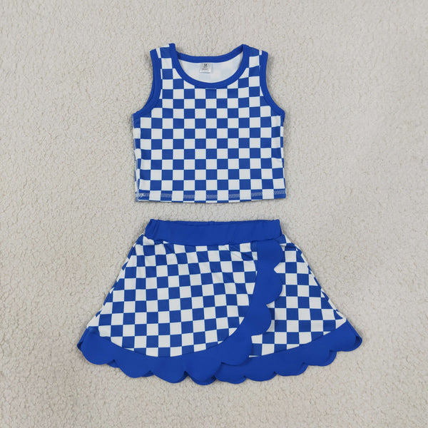 GSD4110 RTS kids girl clothes yoga blue plaid toddler girl yoga summer outfit sports clothing set