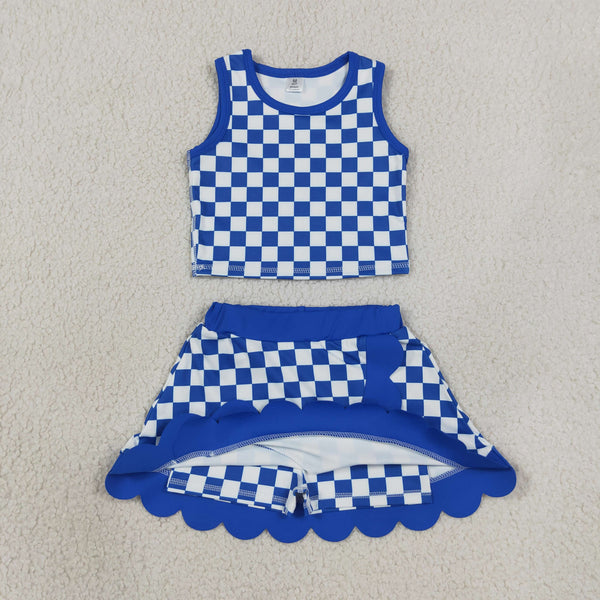 GSD4110 RTS kids girl clothes yoga blue plaid toddler girl yoga summer outfit sports clothing set