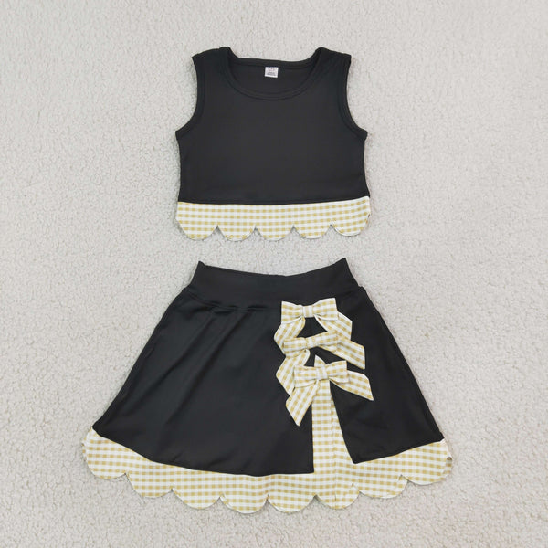 RTS GSD4175 toddler clothes bows black print girl summer yoga set sports clothing set skirt set