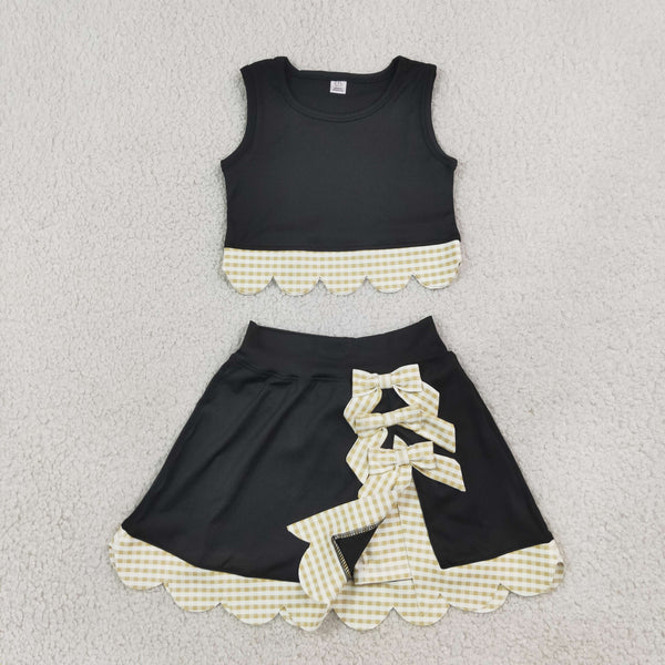 RTS GSD4175 toddler clothes bows black print girl summer yoga set sports clothing set skirt set