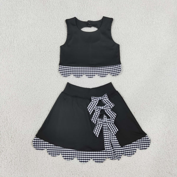 RTS GSD4176 toddler clothes bows black plaid print girl summer yoga set sports clothing set skirt set