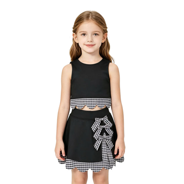 RTS GSD4176 toddler clothes bows black plaid print girl summer yoga set sports clothing set skirt set