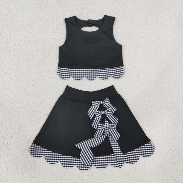 RTS GSD4176 toddler clothes bows black plaid print girl summer yoga set sports clothing set skirt set