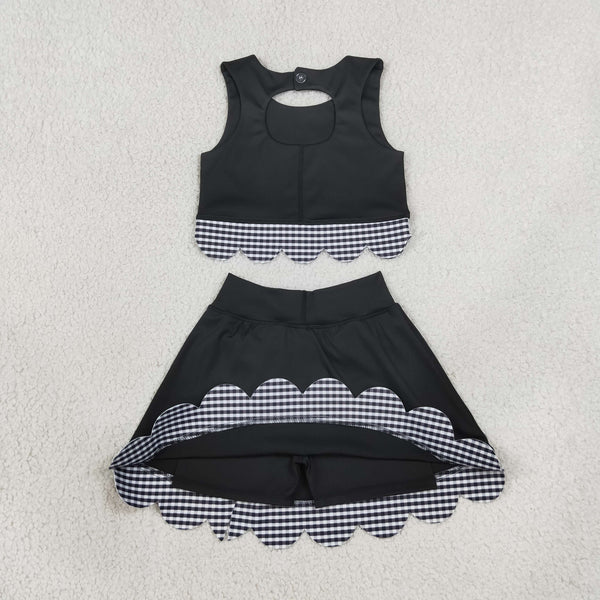 RTS GSD4176 toddler clothes bows black plaid print girl summer yoga set sports clothing set skirt set