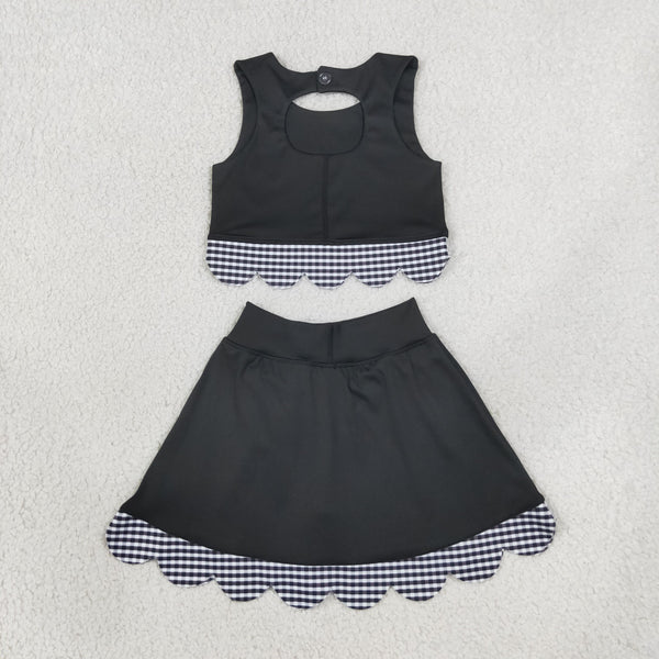 RTS GSD4176 toddler clothes bows black plaid print girl summer yoga set sports clothing set skirt set