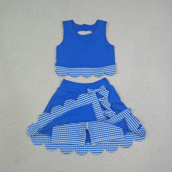 RTS GSD4177 toddler clothes bows blue plaid girl summer yoga set sports clothing set skirt set