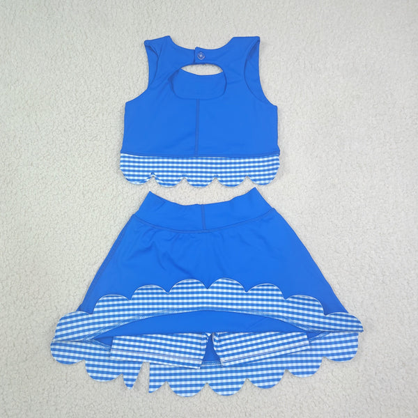 RTS GSD4177 toddler clothes bows blue plaid girl summer yoga set sports clothing set skirt set