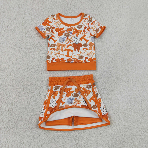 GSD4181 RTS baby girl clothes orange bows toddler girl yoga summer outfit sports clothing set