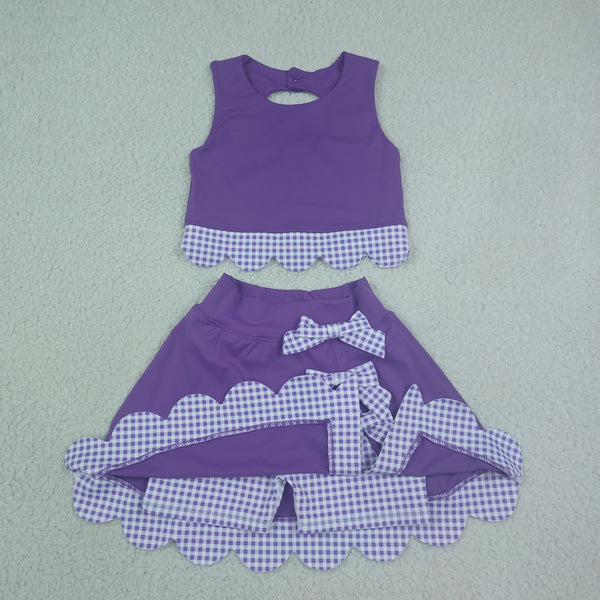 RTS GSD4225 toddler clothes bows purple plaid girl summer yoga set sports clothing set skirt set