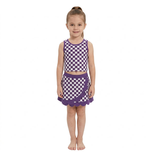 RTS GSD4251 baby girl clothes checkered print yoga athletic sleeveless tank top scallop skirt outfit
