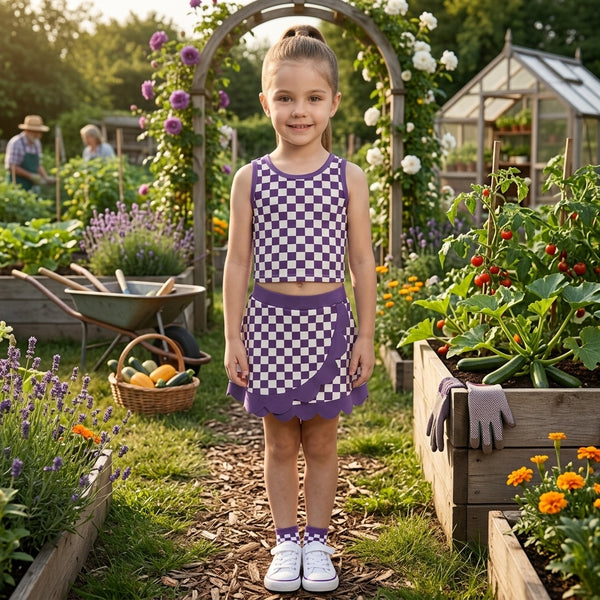 RTS GSD4251 baby girl clothes checkered print yoga athletic sleeveless tank top scallop skirt outfit